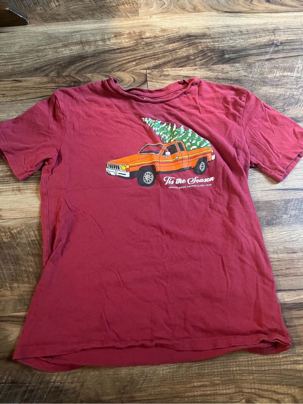 Old Navy Red Tee with Orange Truck and Green Tree Graphic
